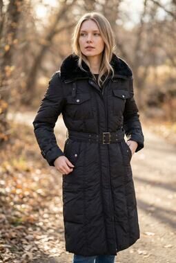JOINUS BLACK FUR TRIM DOWN BELT MIDI PUFFER COAT SZ M (66)